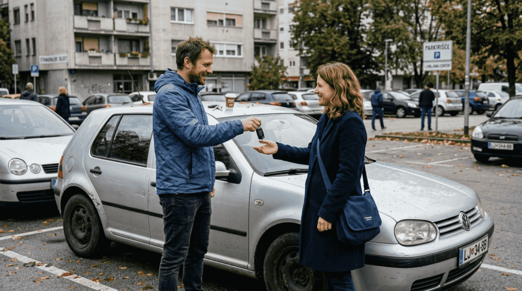 Prodajalec kupcu v parkirišču izroča ključ od avtomobila.