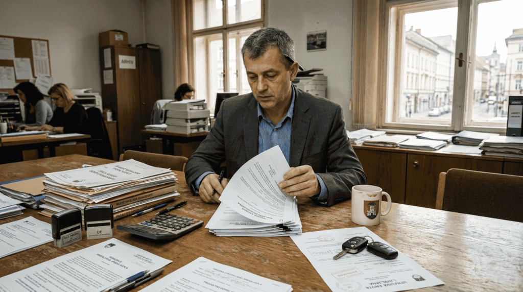 Moški v pisarni natančno pregleduje pogodbe o prodaji avtomobilov.