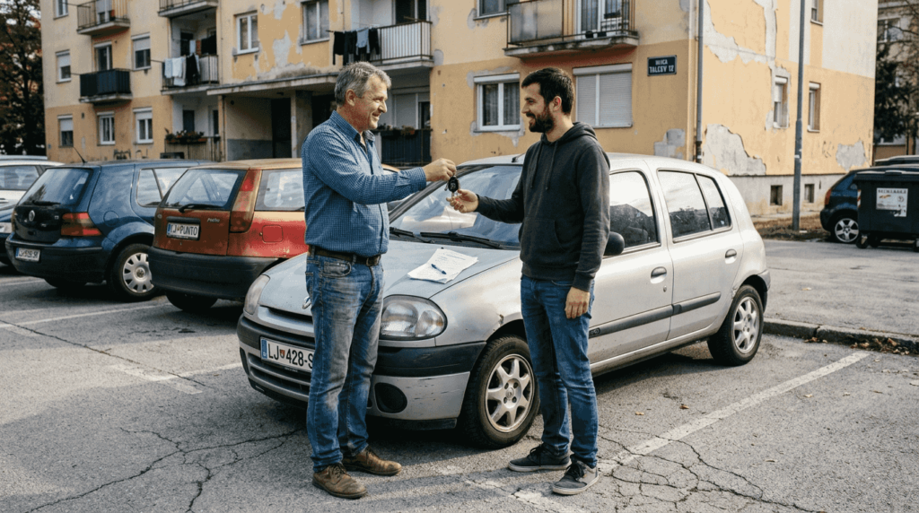 Slovenec predaja ključe svojega starega avtomobila novemu lastniku.