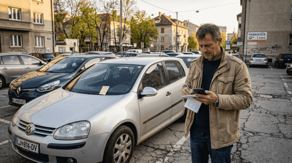 Moški na parkirišču preverja ceno rabljenega avtomobila.
