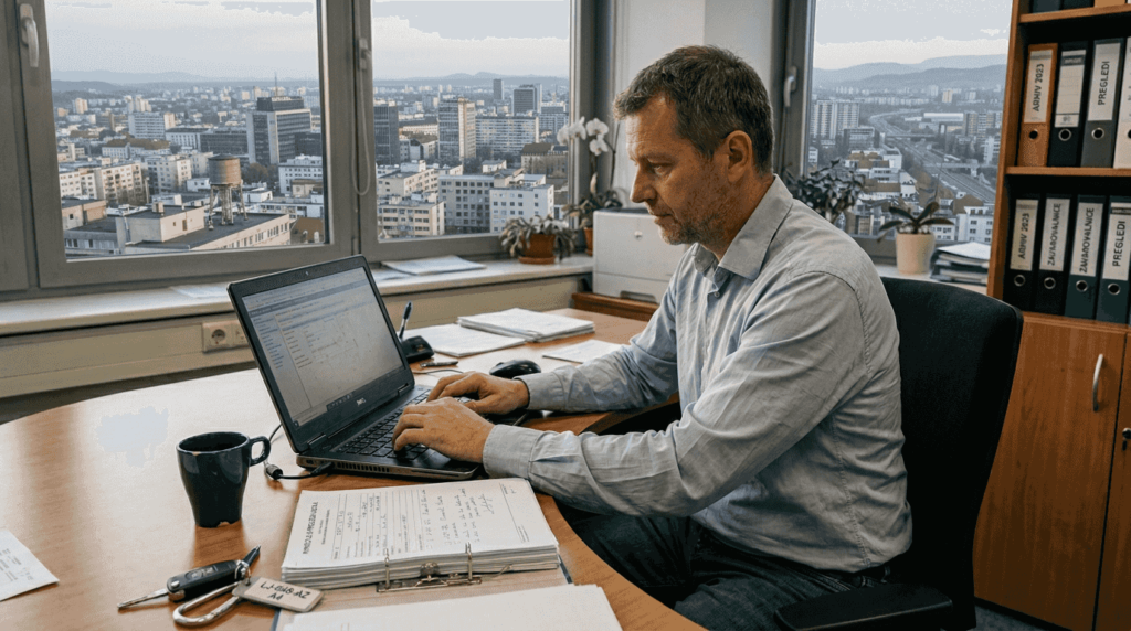 Cenilec vozil za pisalno mizo natančno pregleduje dokumentacijo.