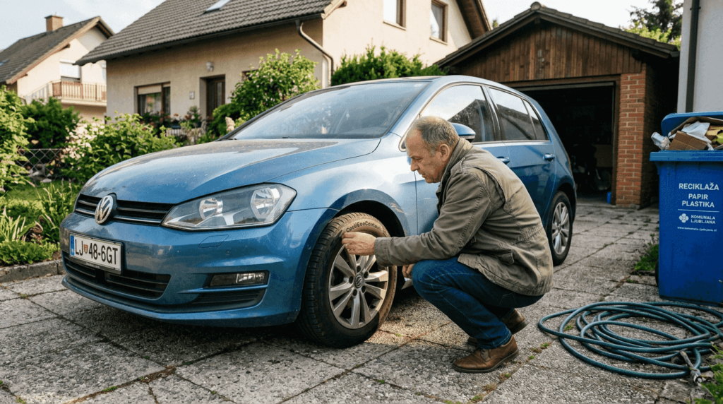 Moški si natančno ogleduje zunanjost rabljenega avtomobila in preverja, v kakšnem stanju je karoserija.