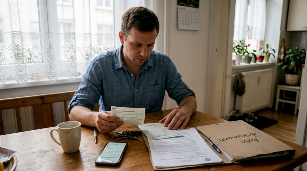 Moški na kuhinjski mizi ureja papirje za prodajo avtomobila.