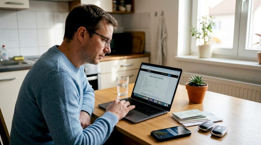 Moški sedi za kuhinjsko mizo in pripravlja oglas za prodajo avtomobila.