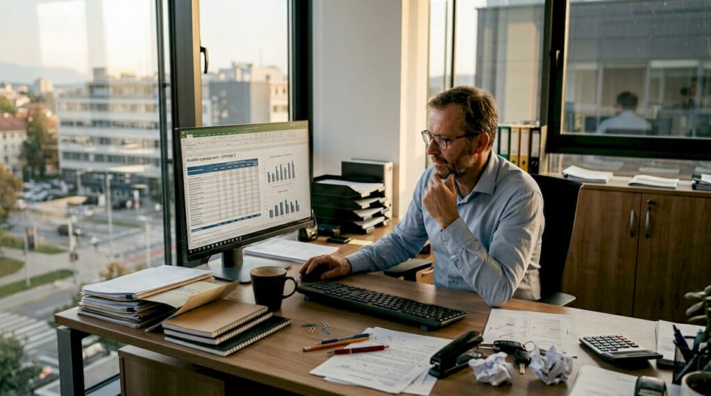 Direktor pregleduje poročilo o prodaji službenih vozil.