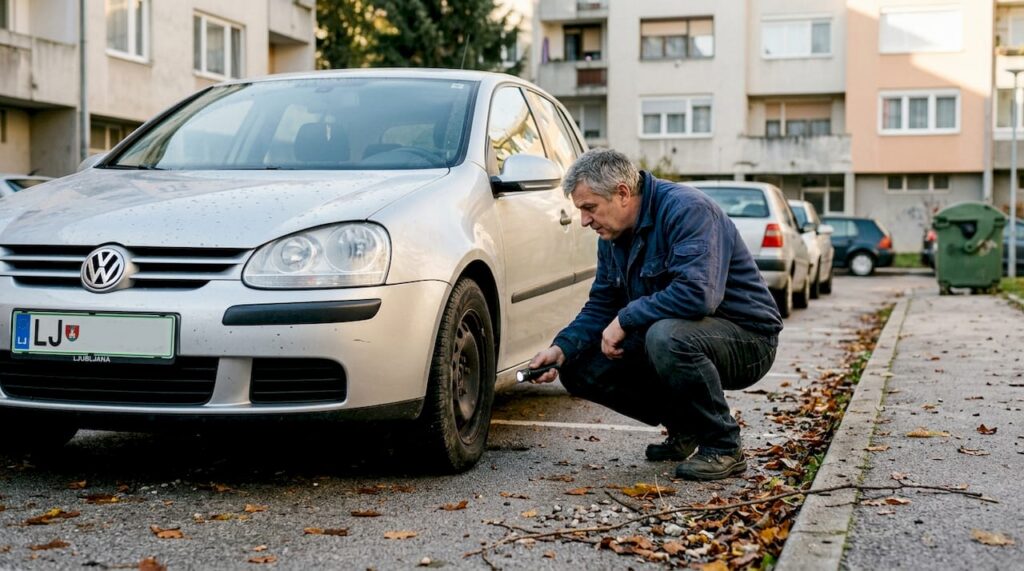 Moški si zunaj natančno ogleduje rabljeni avtomobil in pri tem uporablja svetilko, da preveri morebitne skrite napake.