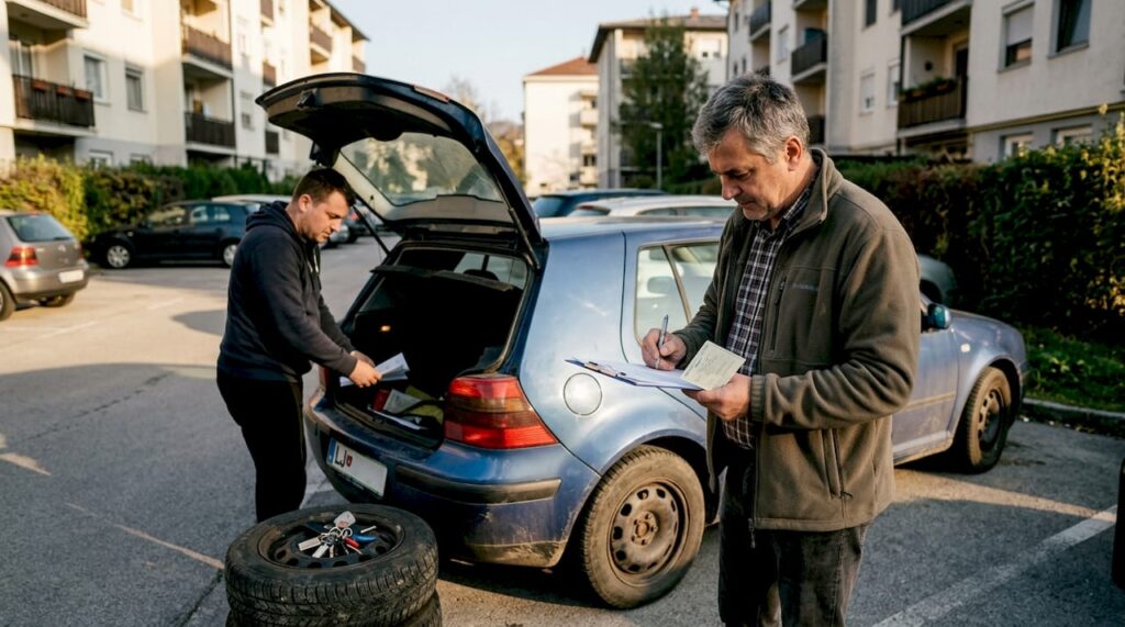 Prodajalec in kupec ob avtomobilu uredita izmenjavo vseh potrebnih dokumentov.