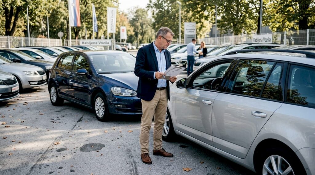 Podjetnik pregleduje vozila, ki jih razmišlja odkupiti po izteku leasinga.
