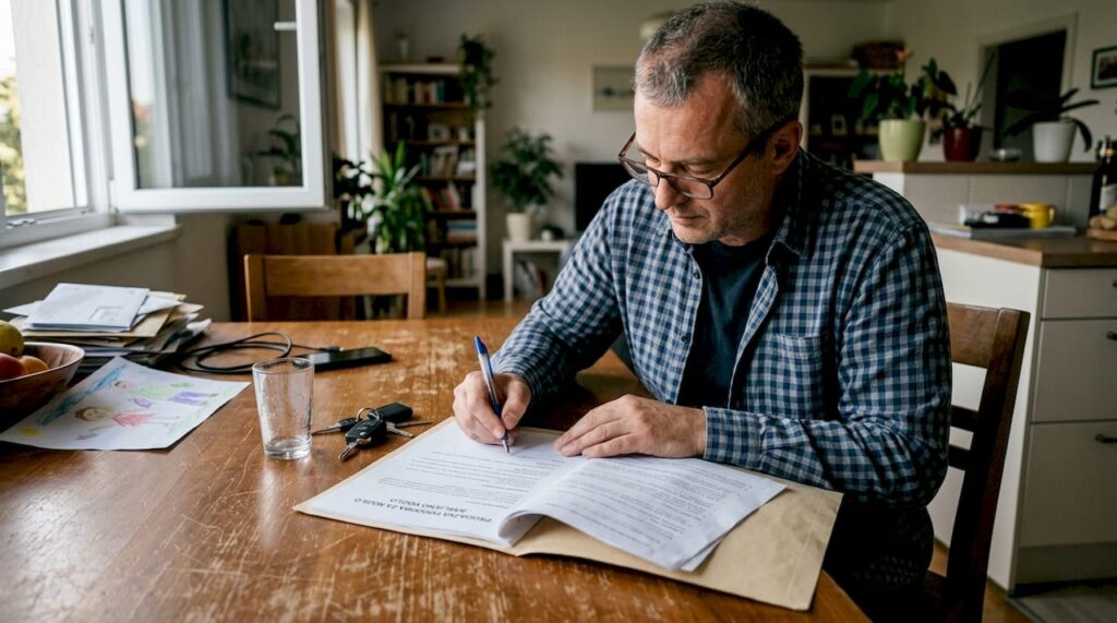 Prodajalec podpisuje pogodbo za avto na domači mizi