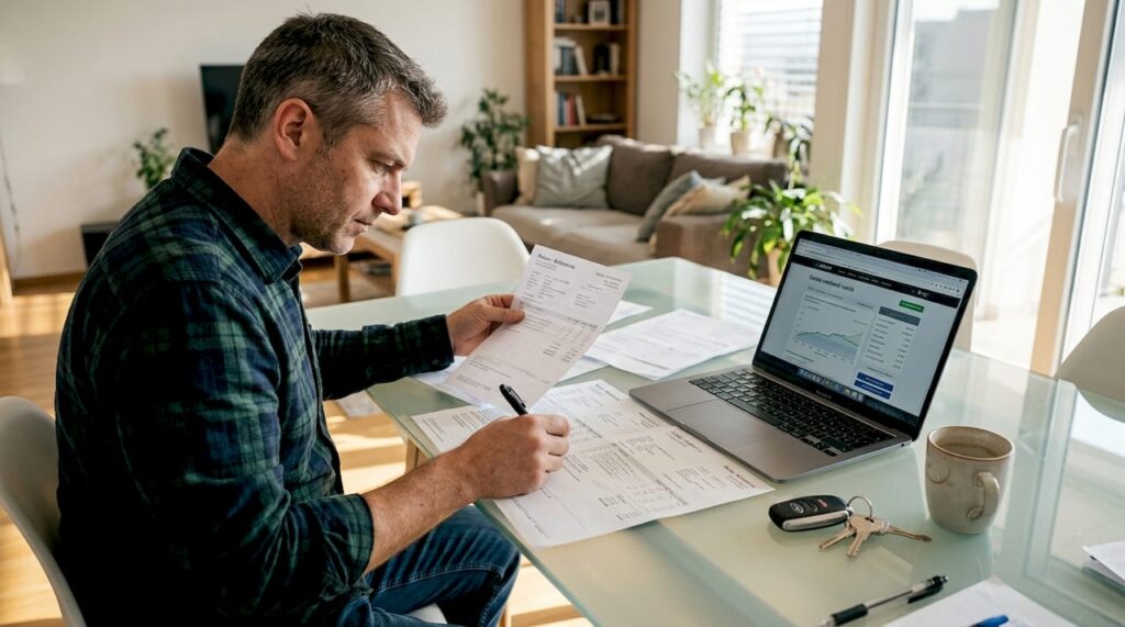 Moški v sončni dnevni sobi pregleduje avtomobilske dokumente.
