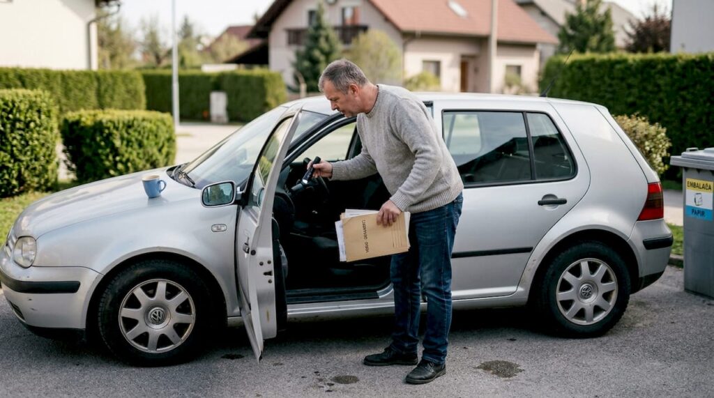 Moški si na domačem dvorišču pozorno ogleduje rabljeni avto.