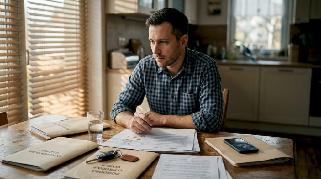 Moški doma ureja dokumentacijo za prodajo avtomobila.