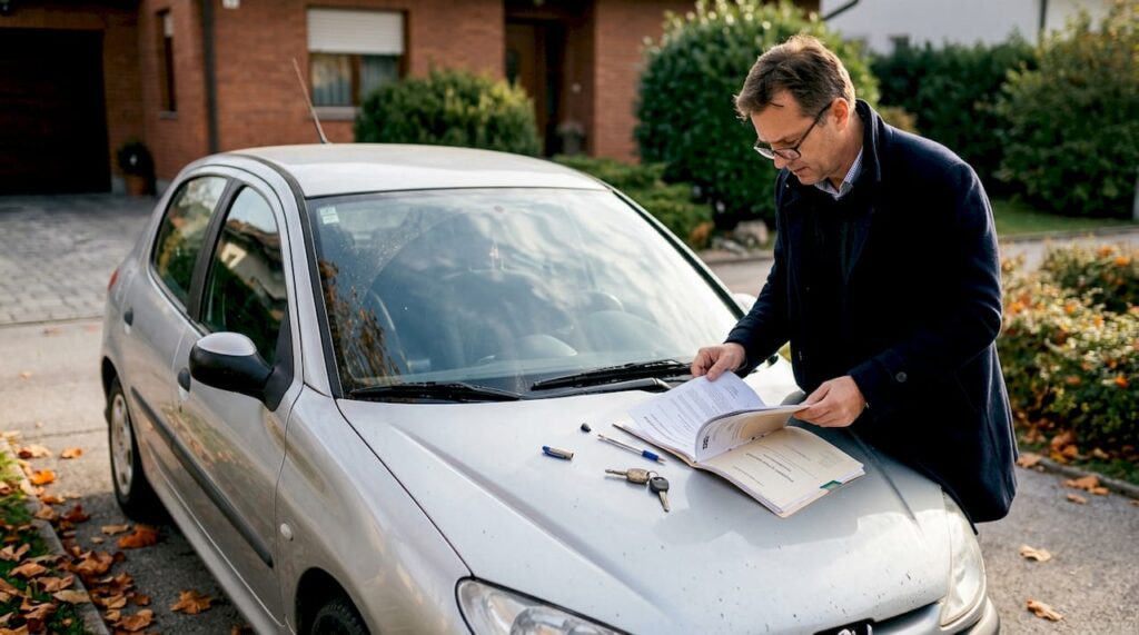 Moški pred hišo pregleduje dokumente za prodajo avtomobila.