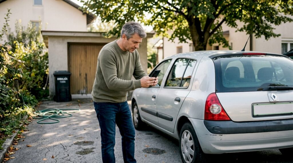 Lastnik na svojem dvorišču fotografira poškodovan avto, da bo imel dokaz za zavarovalnico.